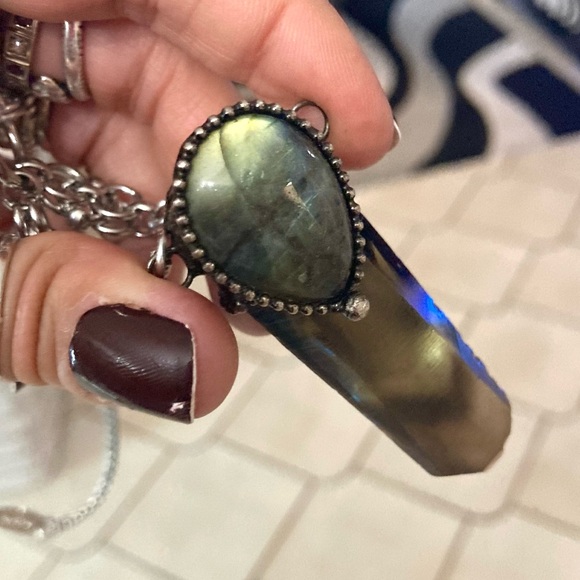 labradorite & Smokey crystal quartz maille stainless steel boho goth necklace - Picture 3 of 15